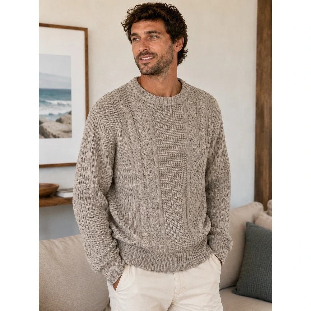 The Normal Brand Wool Blend Mens XL Cable Knit Sweater Tan Oatmeal Pullover